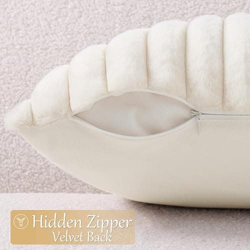 decorUhome Set of 4 Faux Fur Throw Pillow Covers 18x18 Inch Decorative Farmhouse Modern Soft Plush Striped Couch Pillow Covers with Velvet Back for Sofa, Bed, Living Room, Cream White thumbnail 2