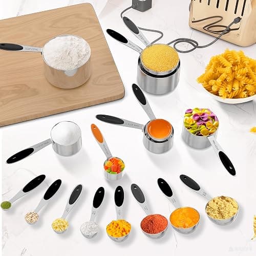 Minteem Measuring Cups and Spoons Set, 21 Pieces Stainless Steel Measuring Cups Measuring Spoons Set with Black Silicone Handle, Nesting Measuring Cup Spoon for Dry or Liquid Ingredients thumbnail 7
