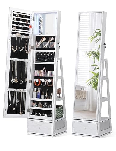 Nicetree 360° Swivel Jewelry Cabinet with Lights, Touch Screen Vanity Mirror, Rotatable Full Length Mirror with Jewelry Storage, Standing Jewelry Armoire Organizer, Foldable Makeup Shelf, White - Image 1