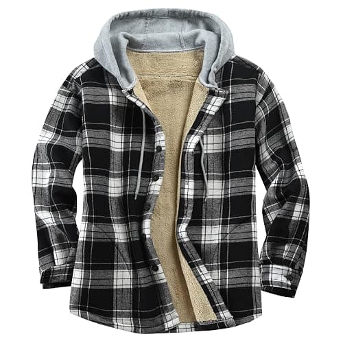 Derbars Men's Cotton Plaid Shirts Jacket Fleece Lined Flannel Shirts Sherpa Button Down Jackets with Hood for Men - Image 1