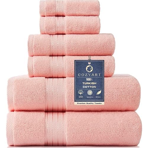 COZYART Pink Bathroom Towel Set 6Pcs, 100% Turkish Cotton Bath Towel Sets for Bathroom, Soft Absorbent, 650 GSM Luxury 6 Pcs with 2 Bath Towels, 2 Hand Towels, 2 Washcloths - Image 1