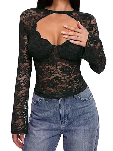 PINKMSTYLE Womens Lace Long Sleeve Shirts Sexy Mesh Y2K Going Out Tops | Cut-out Front Slim Fitted Blouses Sheer See Through Clothes,2026 Fall Fashion,Date Night,Party,Club,Concert,Concert Outfits thumbnail 7