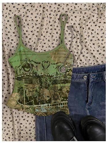 SweatyRocks Women's Vintage Graphic Cami Top Round Neck Camisole Casual Summer Crop Tops thumbnail 4