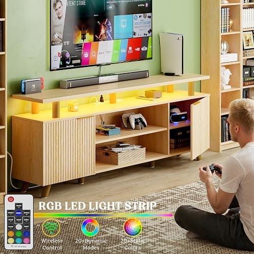 Lulive Modern TV Stand for 55/60/65/70 inch Television, Entertainment Center with Wooden Storage Cabinets and Power Outlet，Media Console for Living Room Bedroom (Natural Oak) thumbnail 4