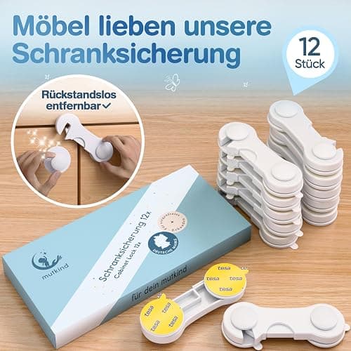 MUTKIND® 12 Stück Kindersicherung Schrank (Mit Kleber von TESA) - Extra Starker Halt - Schranksicherung Baby - Schubladensicherung für Schränke, Kühlschrank, Türen - Kindersicherung Schubladen Weiß thumbnail 5