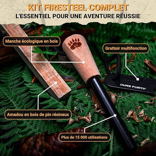 Kit Firesteel - Pierre à Feu de Survie - Barre Magnésium Tendre de qualité XL 10mm - 15 000 utilisations - Accessoire Camping, Survivalisme, Bushcraft, Randonnée - Allume Feu Naturel Inclus thumbnail 2