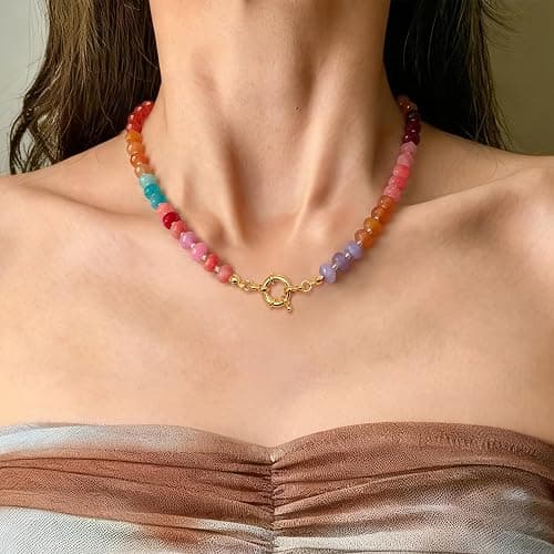 HAXIYA Colorful Beades Gemstone Necklace for Women Boho Beaded Choker Rainbow Colorful Natural Stone Summer Beach Jewelry for Women thumbnail 3