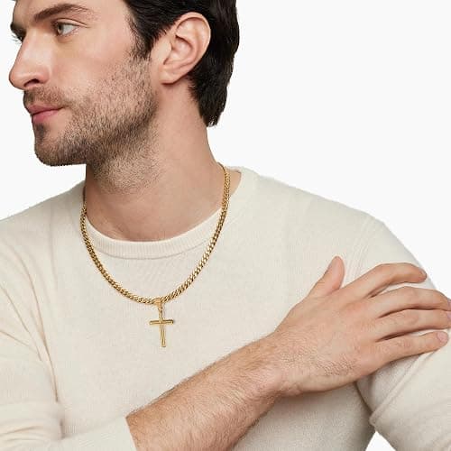 Avotto 316L Stainless Steel Cross Chain Necklace Stocking Stuffers Christmas Gift for Men Boys, Silver Gold Black Mens Boys Necklaces 5mm Non-Fading Sturdy Cuban Chain with Cross Pendant 14-24inch thumbnail 3