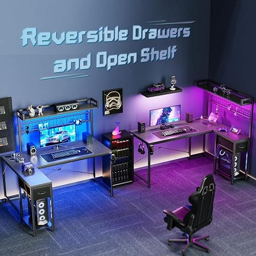 PRAISUN L Shaped Gaming Desk with Shelves, Corner Computer Table with LED Lights, Power Outlets and USB-C Ports, 50 Inch Home Office Desk with Storage Drawer, for Work and Study, Carbon Fiber Black thumbnail 3