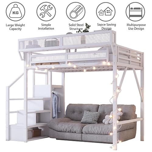 MoproBeti Full Loft Bed with Stairs, Metal Loft Beds Full Size with Storage Shelves, Adults Loft Bed with Wardrobe, Heavy Duty High Loft Bed for Teens, No Box Spring Needed, No Noise,White thumbnail 7