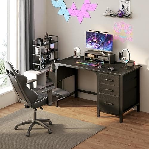 Lufeiya Computer Desk with File Drawers Cabinet, 47 Inch Reversible Home Office Desks with Filing Cabinet for Small Space, Gaming Study Writing Table PC Desks, Black thumbnail 2