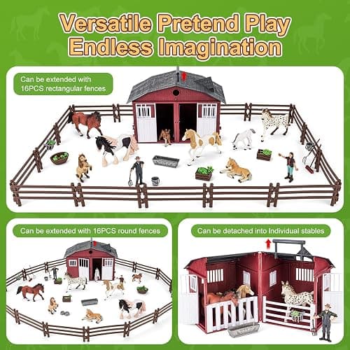 THINKBAY 47PCS Horse Toys Stable Playset with Farm Fences for Girls Boys, Solid Plastic Horse Stable with a Handle, Farm Animal Barn Toys Horse Figurines for Kids, Birthday Gift Cake Toppers thumbnail 3