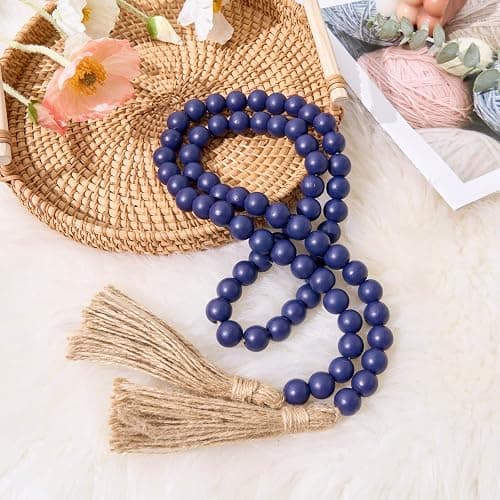 OMISHE 59in Wood Bead Garland with Tassels, Decorative Beads, Farmhouse Wooden Beads Garland for Wall Hanging Home Festival Decor, Navy Blue thumbnail 2