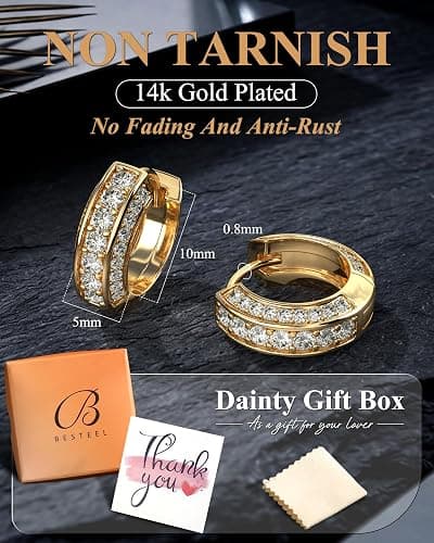 BESTEEL Hoop Earrings For Men - 14K Gold Plated Small Chunky Huggie Hoop | Hypoallergenic Earrings, S925 Sterling Silver Posts, Lightweight Trendy Hoops, CZ Inlaid Mens Earrings for Sensitive Ears thumbnail 4
