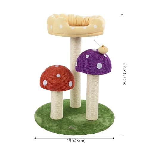 THE LICKER STORE CTR1001A Pixie 22.5" 3-Tier Cottage Sisal Mushroom Cat Tree with Scratching Posts, Napping Perch, and Dangling Bell Toy, Multi thumbnail 5