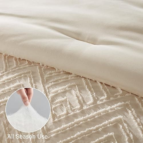 Zzlpp Queen Comforter Set 7 Pieces, Cream Tufted Bed in a Bag with Comforter and Sheets, All Season Boho Bedding Sets with 1 Comforter, 2 Pillow Shams, 2 Pillowcases, 1 Flat Sheet, 1 Fitted Sheet thumbnail 6