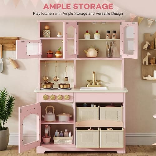 knoworld Play Kitchen for Kids, Wooden Toy Kitchen Set with Smart Storage & Accessories, Toddler Kitchen Playset with Stove & Oven, Pretend Play Set, Gift for Ages 3+, Pink thumbnail 8