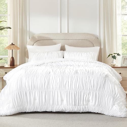 Andency Ruched White Queen Comforter Set, Shabby Chic Pleated Bedding Sets 3 Pieces, Lightweight Soft Boho Ruffle Bed Set for Girls, Kids, Women, All Season thumbnail 8