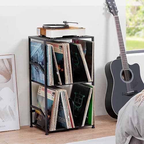 LOAKEKEL Record Player Stand, Vinyl Record Storage Up to 200 Albums, 3 Tier End Table with Removable Dividers, Tall Side Table for Living Room, Bedroom, Black, HETCD010BK1 thumbnail 9