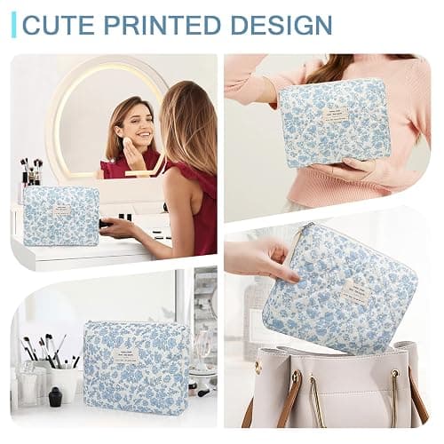 Gosect Floral Makeup Bag, Large Cosmetic Bag for Women Girls, Cute Cotton Make up Pouch, Quilted Makeup Bags, Flower Travel Toiletry Organizer Bag(Blue Floral) thumbnail 5