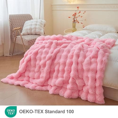 LIFEREVO Luxury Fluffy Faux Rabbit Fur Throw, Plush Fuzzy Bubble Waffle Blanket for Couch Sofa, Soft Cute Furry Blanket Home Decoration, Shaggy Lap Throw for Bedroom Living Room Office, 50x60, Pink thumbnail 2