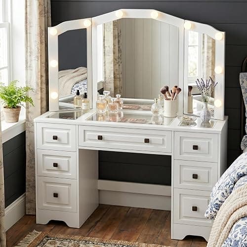 FUSUNBAO White Lighted Vanity Desk, Tri-Fold Mirror, 5 Drawers, Outlets | Retro Dressing Table with Lights, 5-Drawer Vanity Desk for Women & Girls, Vintage with Glass Top,Hair dryer holder - Image 1