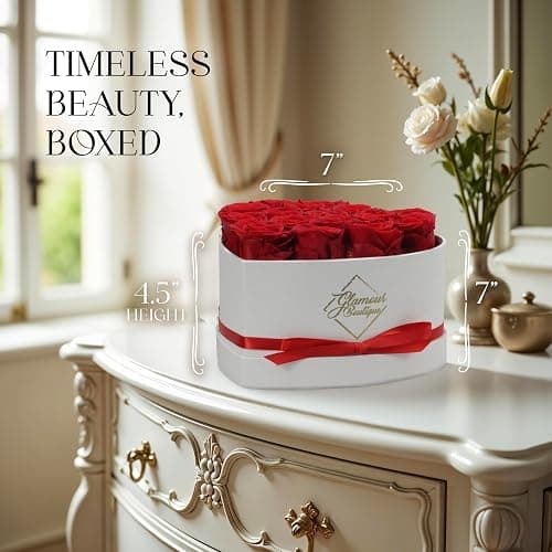 GLAMOUR BOUTIQUE Preserved Roses in a Box - Gifts for Her, Wife & Mom, Rose Flowers Forever Decor for Birthday Gift, Get Well Flower Bouquet Cased in White Box with Cover - Red - 16 (Color-Treated) thumbnail 6