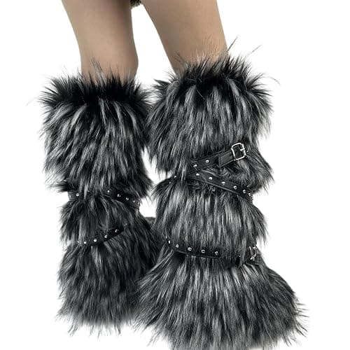 YFJNV Fur boots for women, Pink fuzzy boots with y2k style, Tall furry boot for winter, Comfortable shoes thumbnail 6