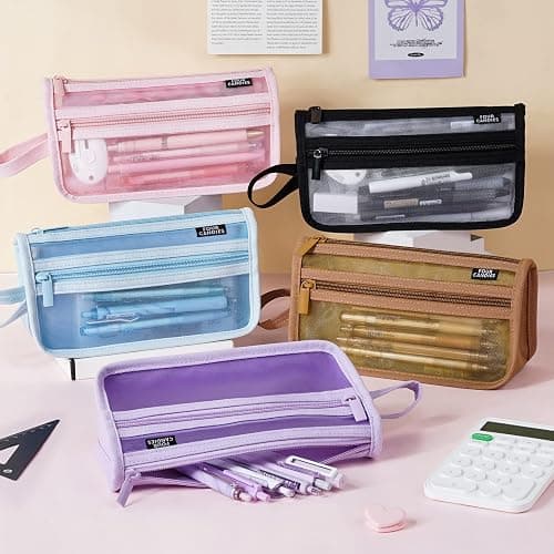 Four Candies Grid Mesh Pencil Case with Handle and Zipper, Clear Double-layer Pencil Pouch Marker Pouch, Travel Makeup Bag, Cute Transparent Stationary Organizer Pen Bag for Adult Office College | Smooth Zipper, Transparent Pencil Pouch, Cute Stationary, Makeup Bag, Travel Friendly, for Adult Office College thumbnail 2