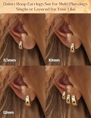14K Gold Plated Hoop Earrings Set for Women - 3Pairs Chunky 14K Gold Plated Silver Huggie Earrings Small Earrings Lightweight Hypoallergenic MultiColored CZ Hoop Earrings Stacks for Multiple Piercing thumbnail 4