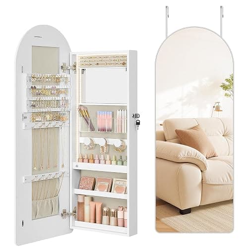SONGMICS Wide Jewelry Organizer, LED Jewelry Cabinet Wall/Door Mounted, Arched Mirror with Storage, Lockable, Rounded Corner, Interior Mirror, 3.9 x 16.5 x 42.5 Inches, Cloud White UJJC020W01 - Image 1