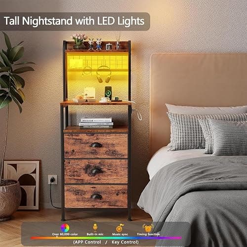 Furologee 44'' Tall Nightstand with Charging Station, Bedside Table with LED Lights, End Table with 3 Drawers and Storage Shelves, Night Stand with Pegboard for Bedroom, Rustic Brown thumbnail 4