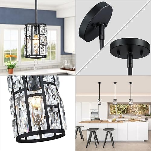 Modern Crystal Pendant Light Fixture 3-Pack Matte Black Finish Hanging Lighting Crystal Chandelier for Living Room, Kitchen, Hallway thumbnail 6