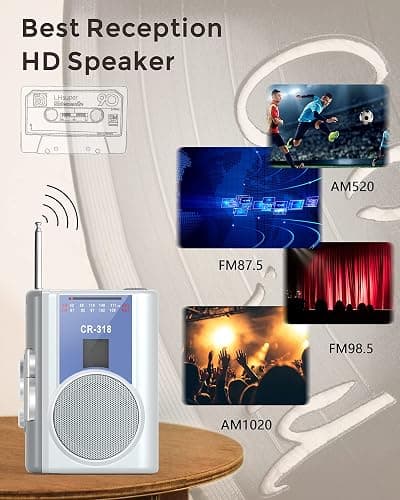 Gracioso Protable Cassette Recorder Player: AM FM Compact Cassette Tape Player with Big Speaker & Earphone Jack, Build in Microphone,Cassette Player Powered by DC or AA Battery thumbnail 3