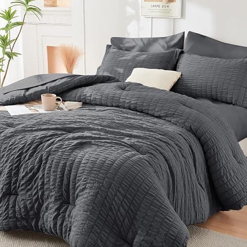 HYMOKEGE Twin XL Comforter Set Seersucker 5 Pieces, All Season Luxury Bed in a Bag for Bedroom, Bedding Set with Comforter, Sheet, Pillowcase & Sham, Dark Grey thumbnail 8