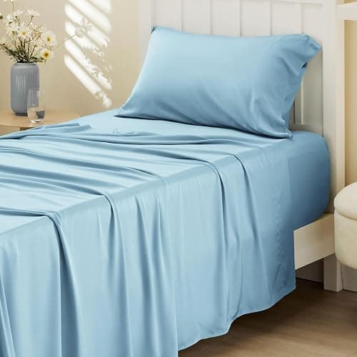 Bedsure Cooling Sheets Twin XL, Rayon Derived from Bamboo, PureWoven, Breathable & Soft Twin XL Sheet Sets, Deep Pocket Up to 16 Inches, Hotel Luxury Silky Dorm Bedding for Hot Sleepers, Aqua - Image 1