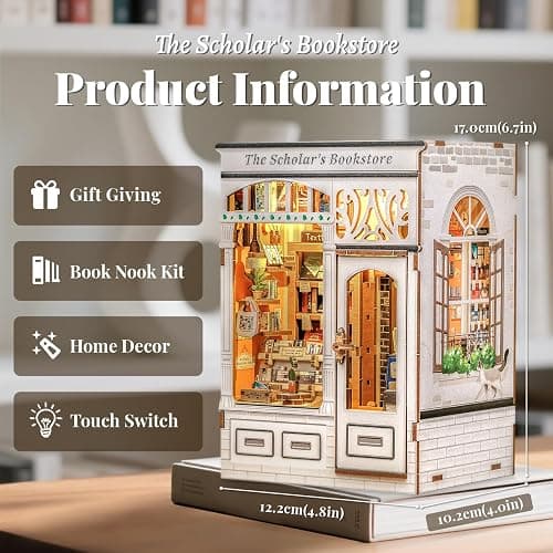 Fsolis Book Nook Kit - DIY Miniature Dollhouse Kit 3D Puzzles for Adults Tiny House Mini Booknook Craft Bookshelf Decor, 168 Wooden Pieces, Gifts for Women Book Lovers(The Scholar's Bookstore) thumbnail 3