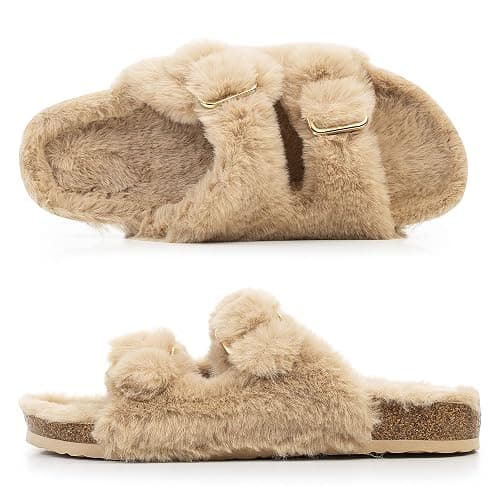 FITORY Womens Open Toe Slipper with Cozy Lining,Faux Rabbit Fur Cork Slide Sandals Size 6-11 thumbnail 6