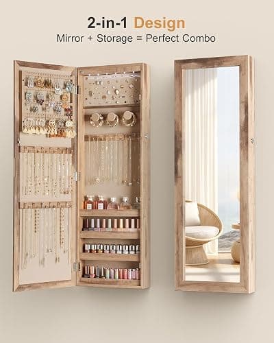 Nicetree 6 LEDs Mirror Jewelry Cabinet, Large Capacity Lockable Jewelry Armoire Organizer, Door or Wall Mounted Mirror with Jewelry Storage, Oak thumbnail 5
