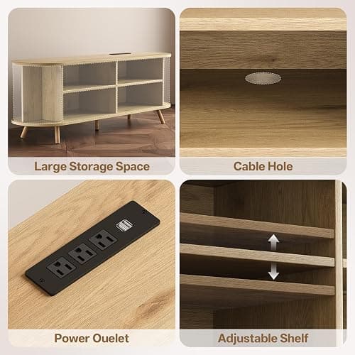 EPLICEMR 55 inch TV Stand with Power Outlet, Fluted Entertainment Center for TVs Up to 60 inch, Modern TV Console with Large Storage & Sliding Doors, Media Console for Living Room|Bedroom, Nature Oak thumbnail 3