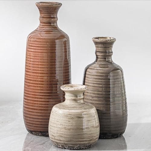Ceramic Vases Set of 3, Neutral Rustic Farmhouse Vases Home Decor Decorative Flower Vase Modern Boho Pampass Vase for Table Mantel Entryway Shelf Living Room Kitchen Bathroom - Brown - Image 1