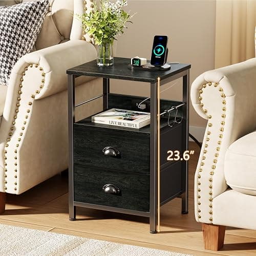 Furologee Nightstand with Charging Station, Black Night Stand with 2 Fabric Drawers, Side Table with USB Ports, End Table with Storage Shelf, for Living Room/Bedroom, Black Oak thumbnail 2