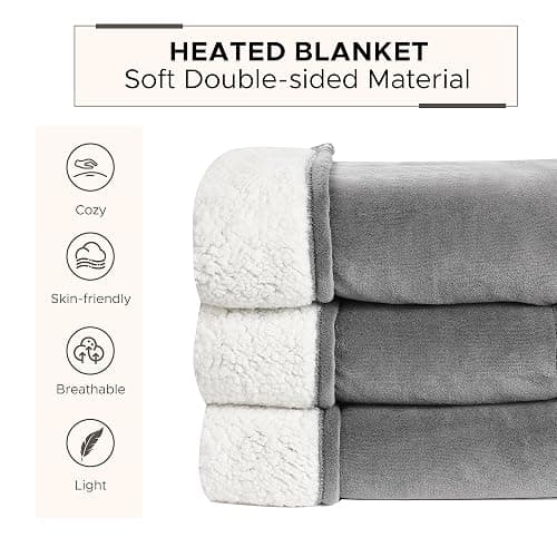 Electric Heated Blanket Full Size 72"x84" - 4 Heat Settings, 10H Auto Shut Off, Soft Coral Fleece & Sherpa Fabric, Machine Washable, Light Gray thumbnail 3