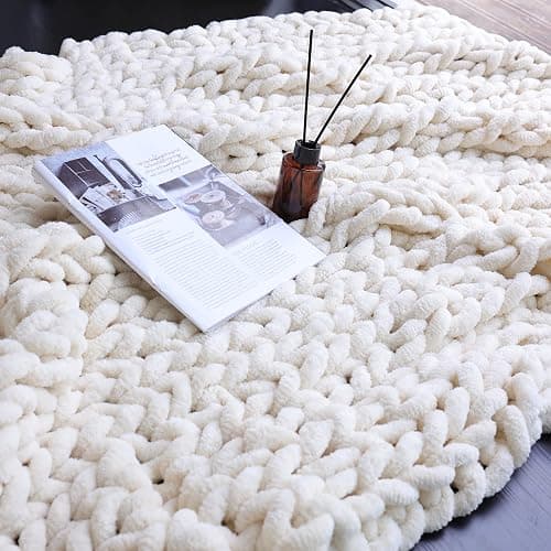 Maetoow Chenille Chunky Knit Blanket Throw （40×50 Inch）, Handmade Warm & Cozy Blanket Couch, Bed, Home Decor, Soft Breathable Fleece Banket, Christmas Thick and Giant Yarn Throws, Cream thumbnail 2
