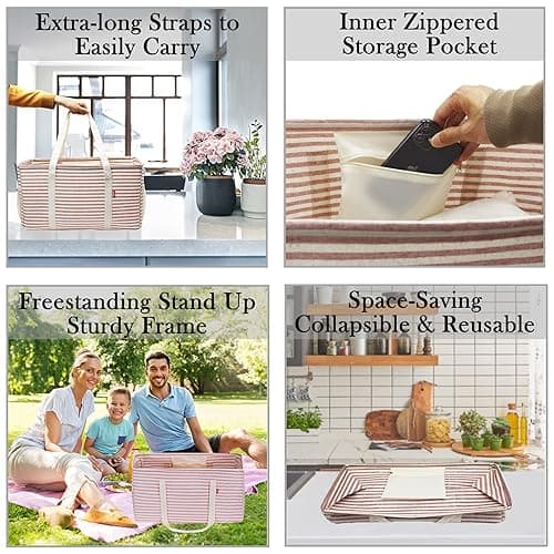 LHZK Standing Extra Large Utility Tote Bag with Metal Wire Frame and the Sides Rinforced, Extra Large Tote Bag with Handle, Reusable Grocery Bags Foldable, Beach Bag, Car Tote (Pink) - Pink - 22.5''x10.5''x12''-1 Pack thumbnail 8