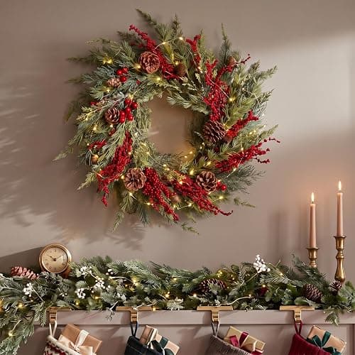 Yinder 20 Inch Christmas Wreath with LED Lights Red Berry Pinecones | 9.8ft LED String, Artificial Pine Cedar with Pinecones, For Holiday Front Door Porch Wall Fireplace Indoor Outdoor Home Decor - Image 1