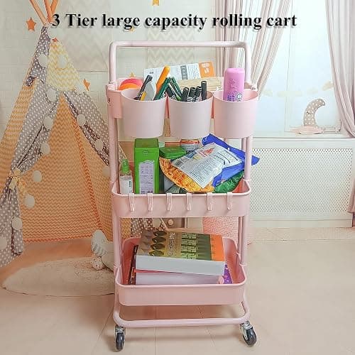 Ceeyali 3-Tier Rolling Utility Cart Storage Organizer Shelf Cart with Lockable Wheels and 3PCS Cups and 8PCS Hooks for Home Kitchen,Bathroom,Office,Laundry Room etc. (3 Cup 8 Hook Pink) - 3 Cup 8 Hook Pink thumbnail 4