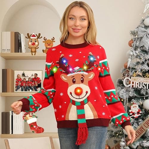 Ugly Christmas Sweater Women Men,Light Up Christmas Sweater for Couples,Funny Cute Reindeer LED Xmas Tacky Sweaters thumbnail 3