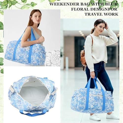 Dansydaisy Large Quilted Travel Duffle Bag for Women Floral Portable Gym Weekender Bag with Zipper Pockets Workout Grocery Pouch Duffle Gift Pouch for Christmas Work(Blue Floral) thumbnail 5