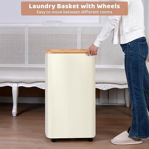 iEGrow Laundry Basket with Wheels, 110L Beige Clothes Hamper for Laundry, Laundry Hamper with Lid and Inner Bag, for Laundry Room, Bedroom, Dormitory Storage,Beige thumbnail 5